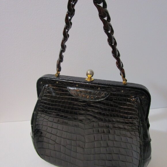 Crocodile Purse Top Handle Frame Vintage 1950s Glossy Black - Picture 3 of 16